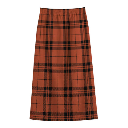 Orange And Black Tartan Pattern Print Cotton Front Slit Maxi Skirt