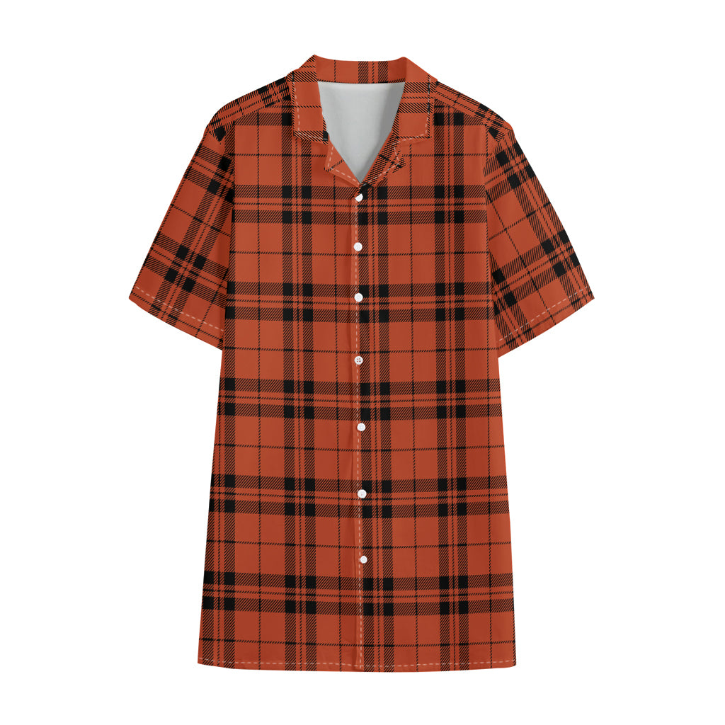 Orange And Black Tartan Pattern Print Cotton Hawaiian Shirt