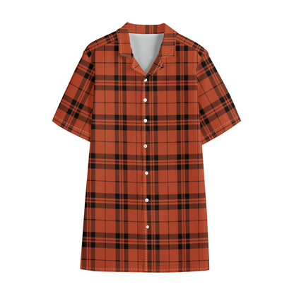 Orange And Black Tartan Pattern Print Cotton Hawaiian Shirt