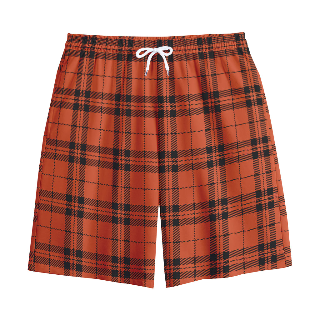 Orange And Black Tartan Pattern Print Cotton Shorts