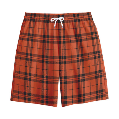 Orange And Black Tartan Pattern Print Cotton Shorts