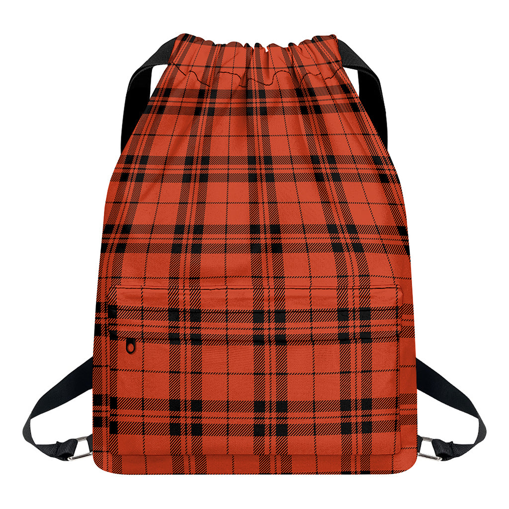 Orange And Black Tartan Pattern Print Drawstring Backpack