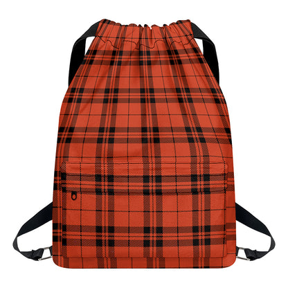 Orange And Black Tartan Pattern Print Drawstring Backpack