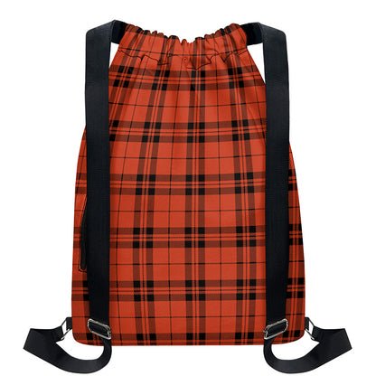 Orange And Black Tartan Pattern Print Drawstring Backpack