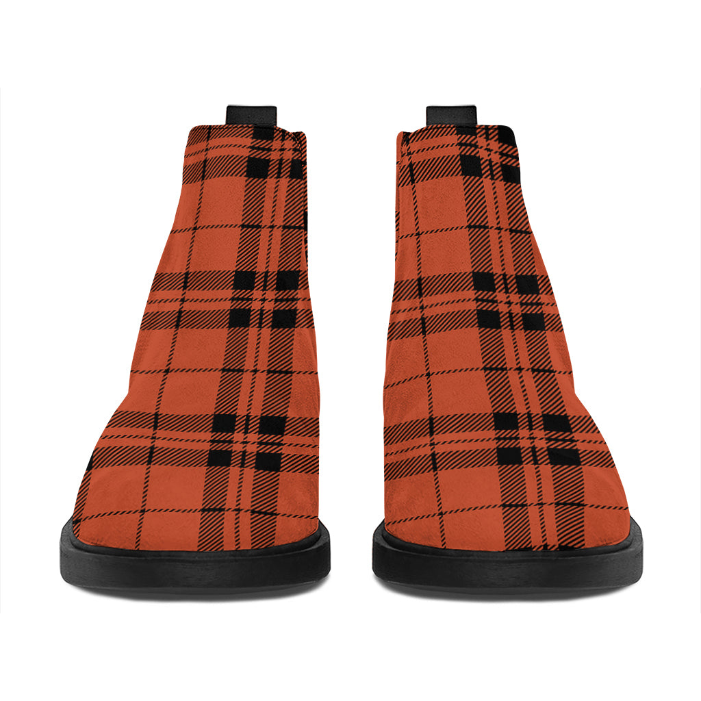 Orange And Black Tartan Pattern Print Flat Ankle Boots