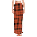 Orange And Black Tartan Pattern Print High Slit Maxi Skirt