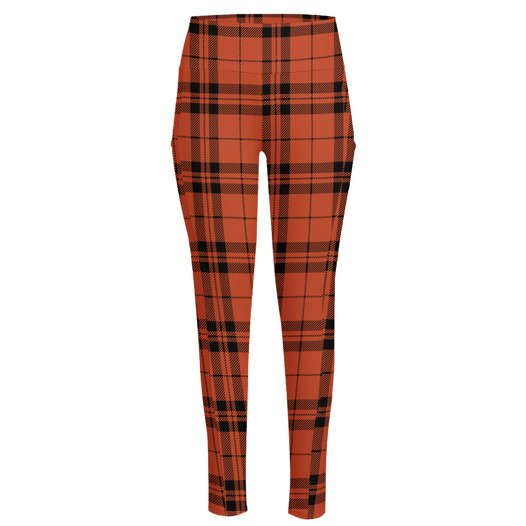 Orange And Black Tartan Pattern Print High-Waisted Pocket Leggings