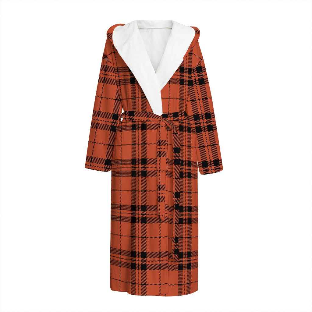 Orange And Black Tartan Pattern Print Hooded Bathrobe