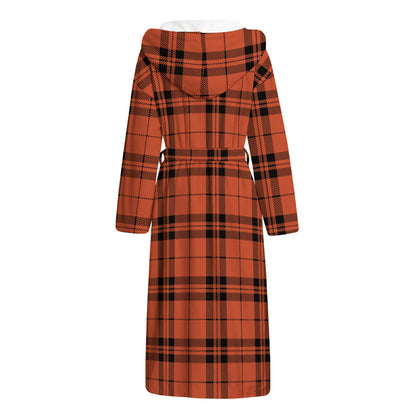 Orange And Black Tartan Pattern Print Hooded Bathrobe