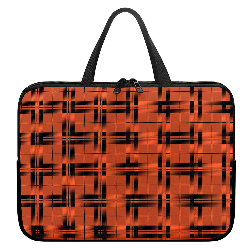 Orange And Black Tartan Pattern Print Laptop Sleeve With Handle