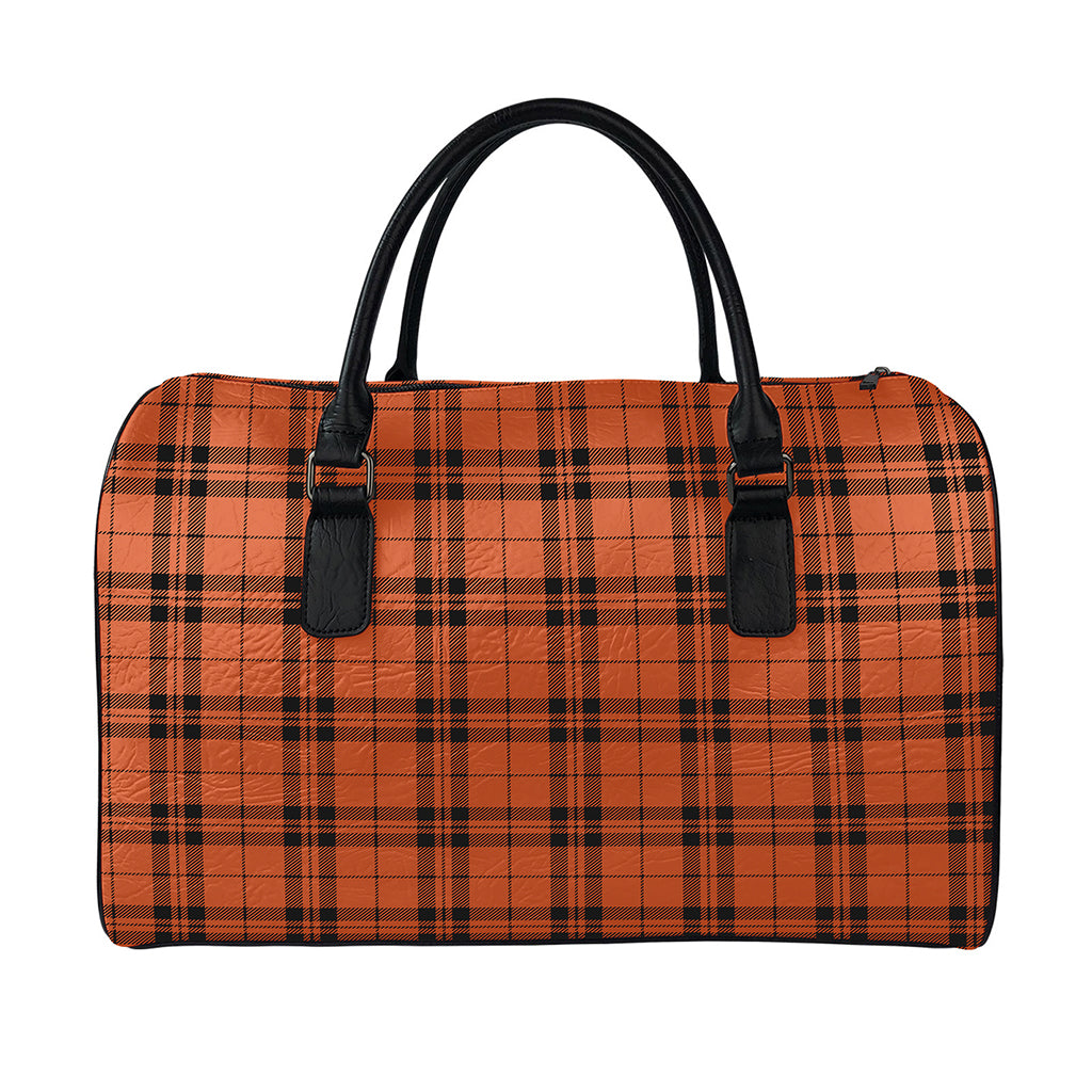 Orange And Black Tartan Pattern Print Leather Duffle Bag