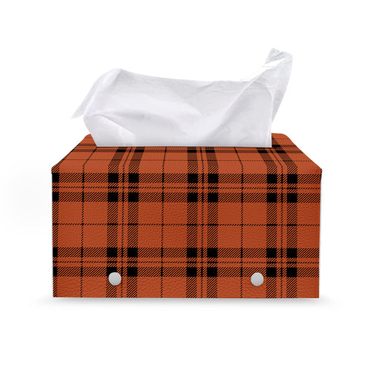 Orange And Black Tartan Pattern Print Leather Tissue Box Cover