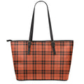 Orange And Black Tartan Pattern Print Leather Tote Bag With Zipper