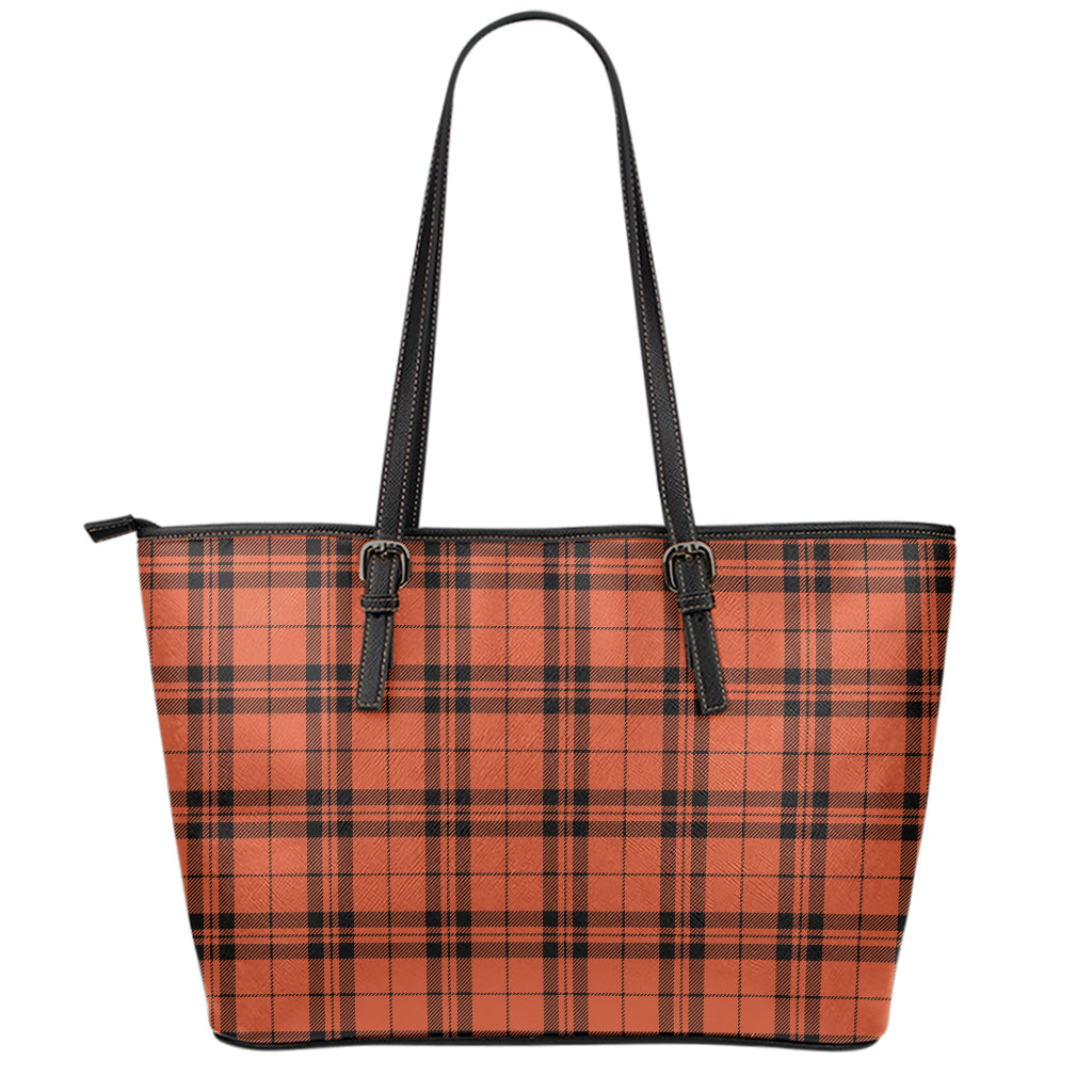 Orange And Black Tartan Pattern Print Leather Tote Bag