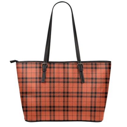 Orange And Black Tartan Pattern Print Leather Tote Bag
