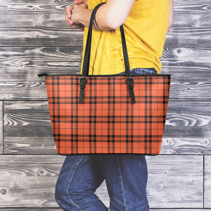 Orange And Black Tartan Pattern Print Leather Tote Bag