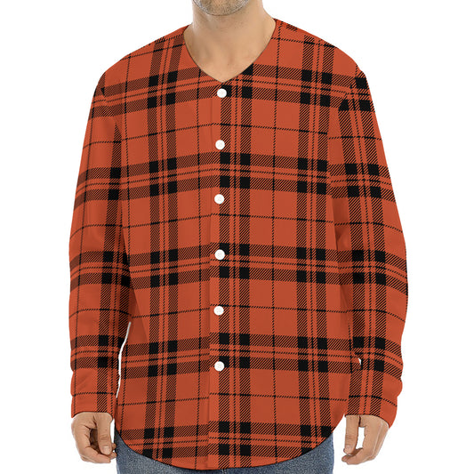 Orange And Black Tartan Pattern Print Long Sleeve Baseball Jersey