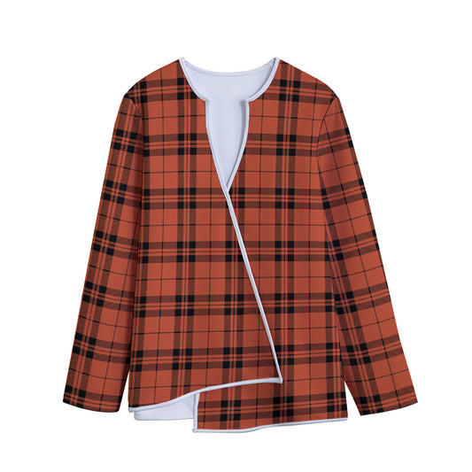 Orange And Black Tartan Pattern Print Long Sleeve Short Coat