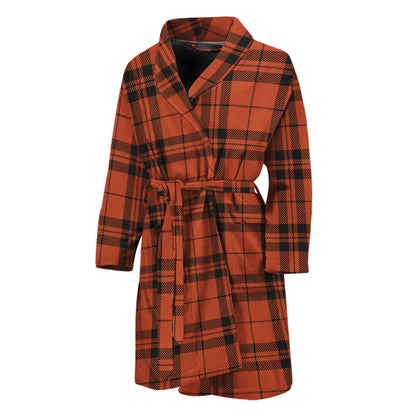 Orange And Black Tartan Pattern Print Men's Bathrobe