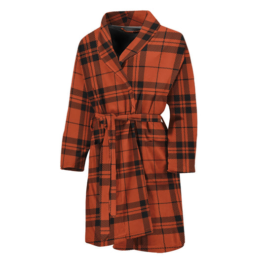 Orange And Black Tartan Pattern Print Men's Bathrobe