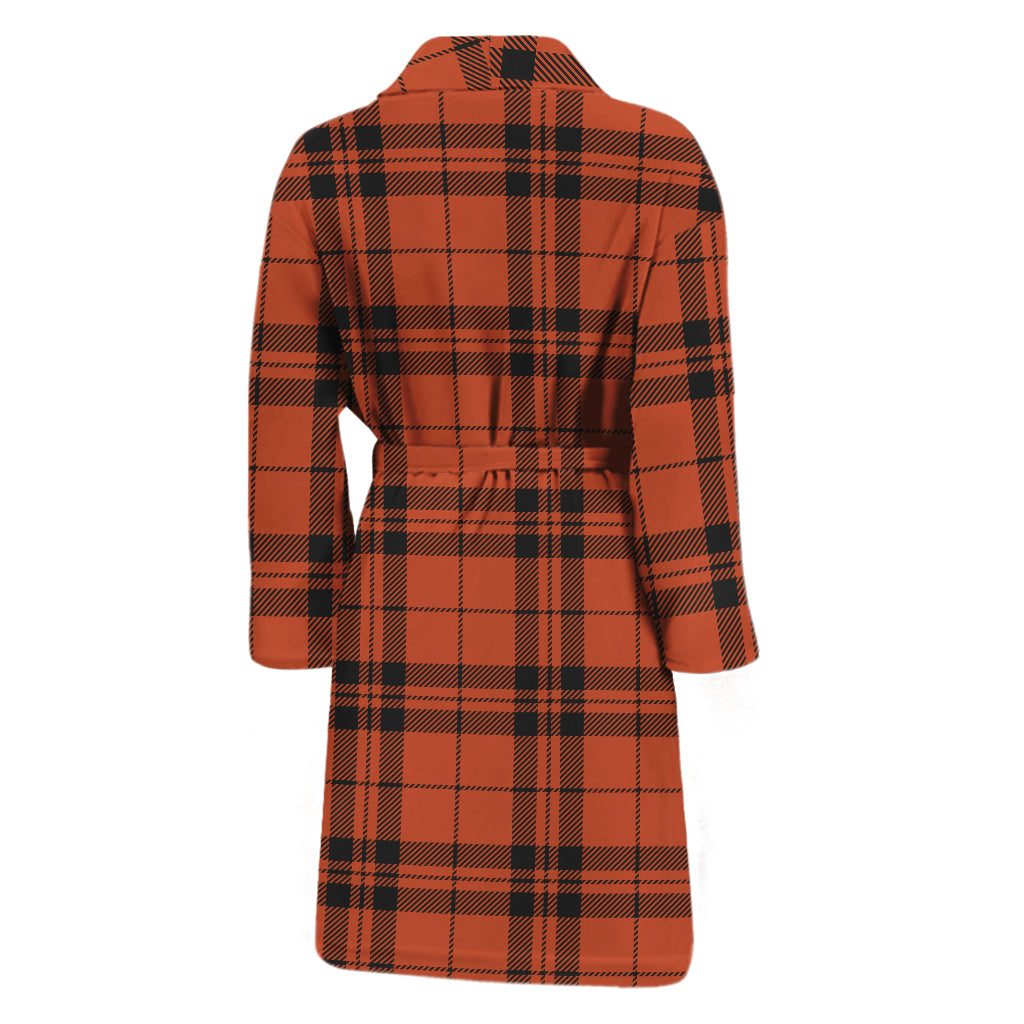Orange And Black Tartan Pattern Print Men's Bathrobe