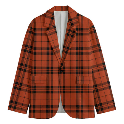 Orange And Black Tartan Pattern Print Men's Cotton Blazer