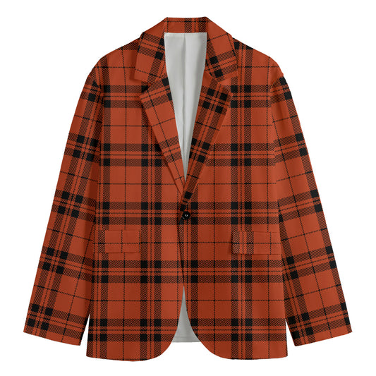 Orange And Black Tartan Pattern Print Men's Cotton Blazer