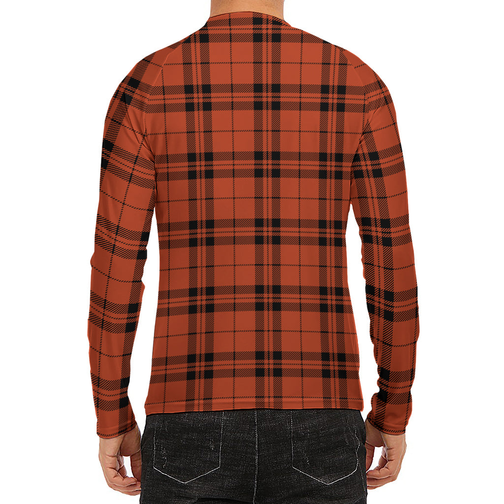 Orange And Black Tartan Pattern Print Men's Long Sleeve Rash Guard