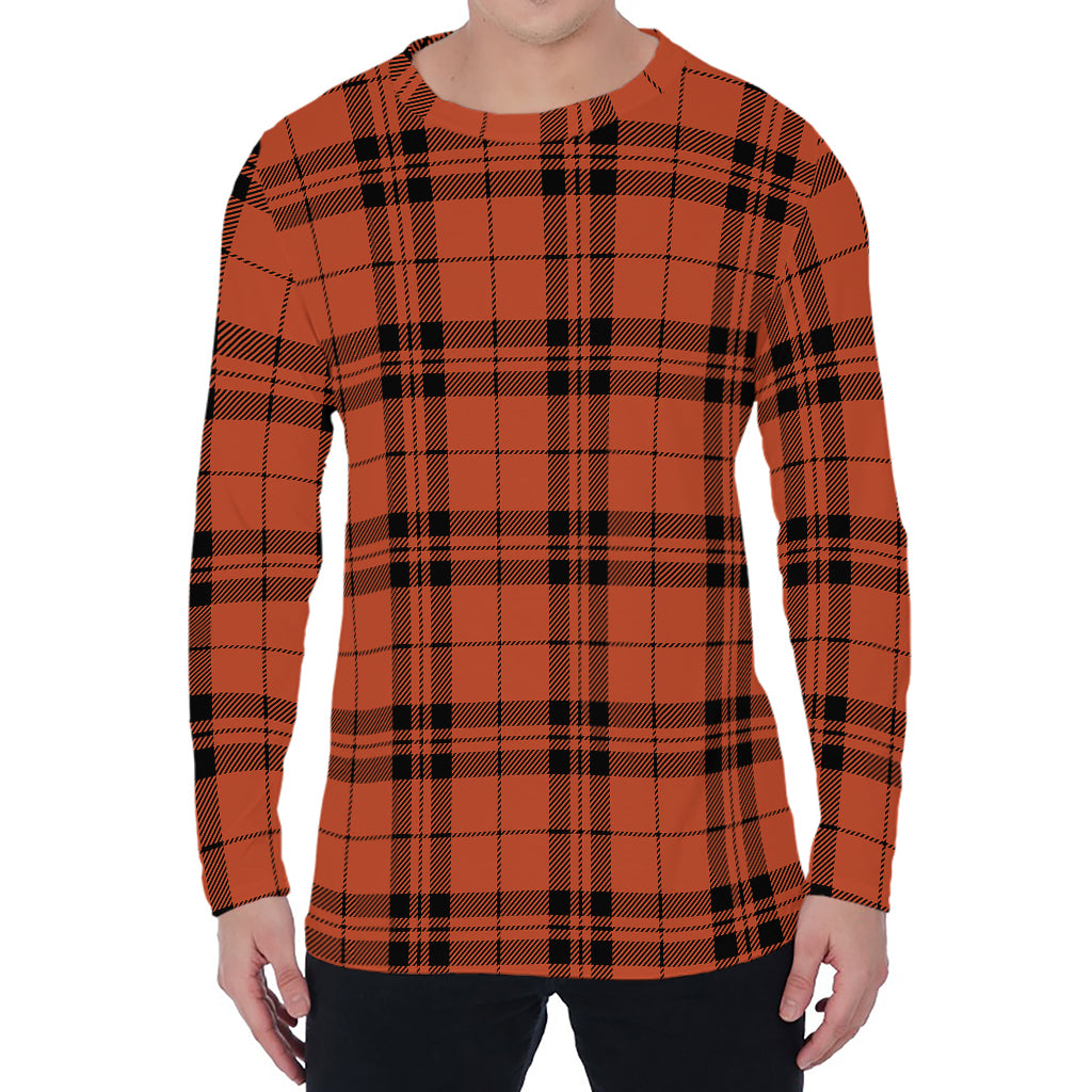 Orange And Black Tartan Pattern Print Men's Long Sleeve T-Shirt