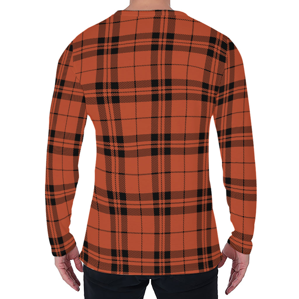 Orange And Black Tartan Pattern Print Men's Long Sleeve T-Shirt