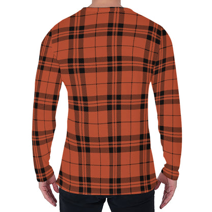 Orange And Black Tartan Pattern Print Men's Long Sleeve T-Shirt