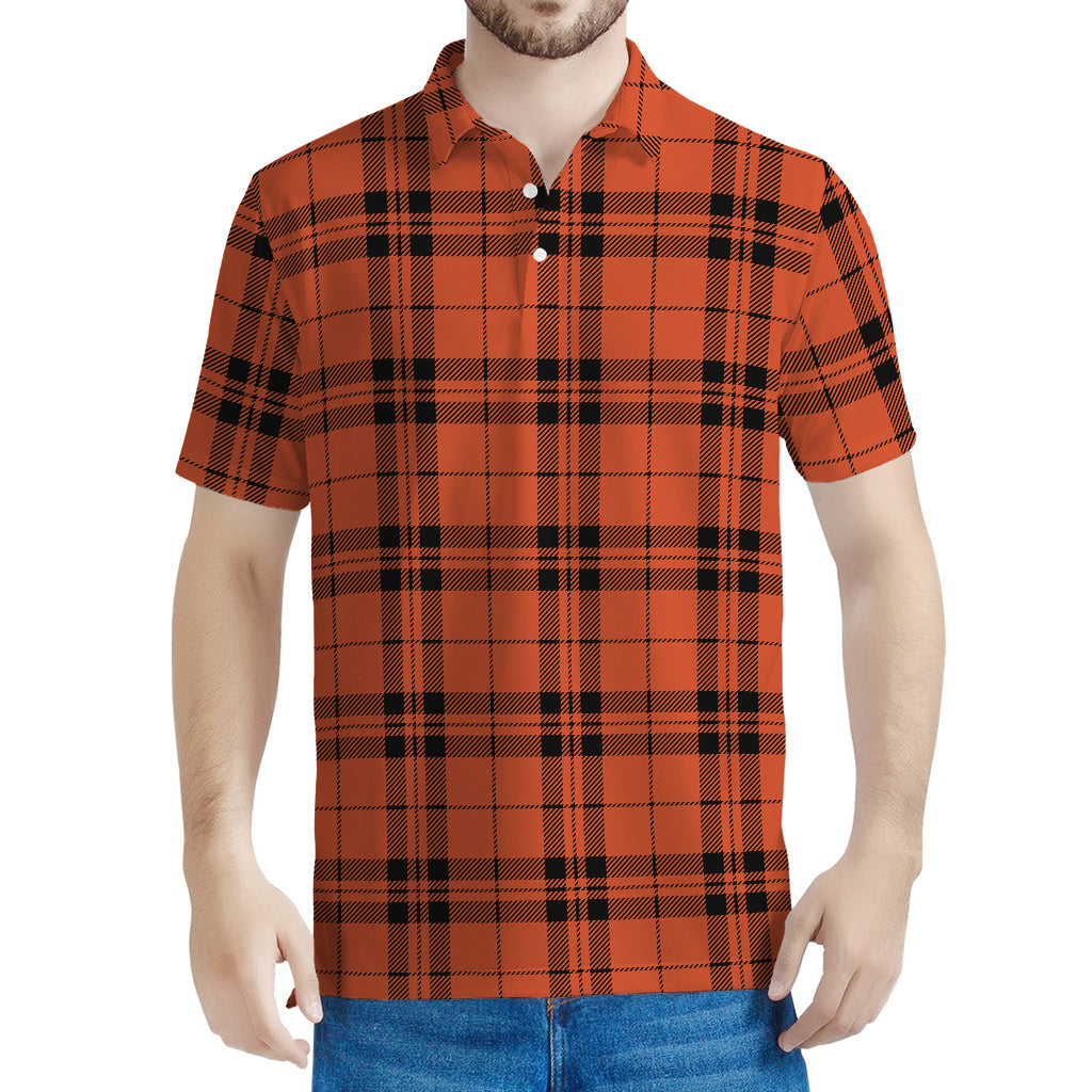 Orange And Black Tartan Pattern Print Men's Polo Shirt