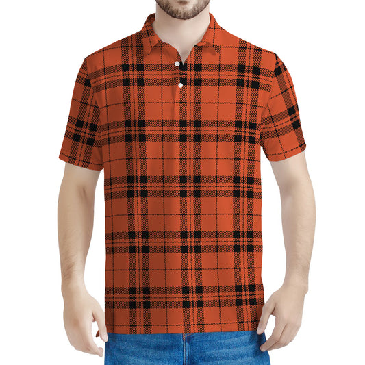Orange And Black Tartan Pattern Print Men's Polo Shirt