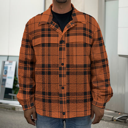 Orange And Black Tartan Pattern Print Men's Shirt Jacket