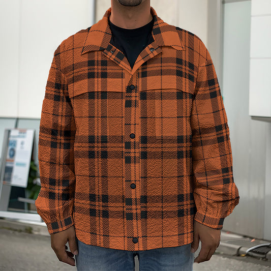 Orange And Black Tartan Pattern Print Men's Shirt Jacket