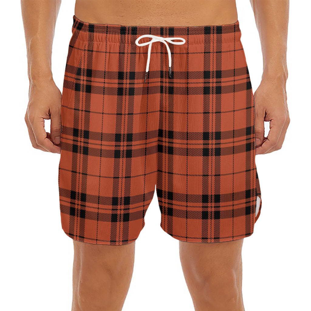 Orange And Black Tartan Pattern Print Men's Split Running Shorts