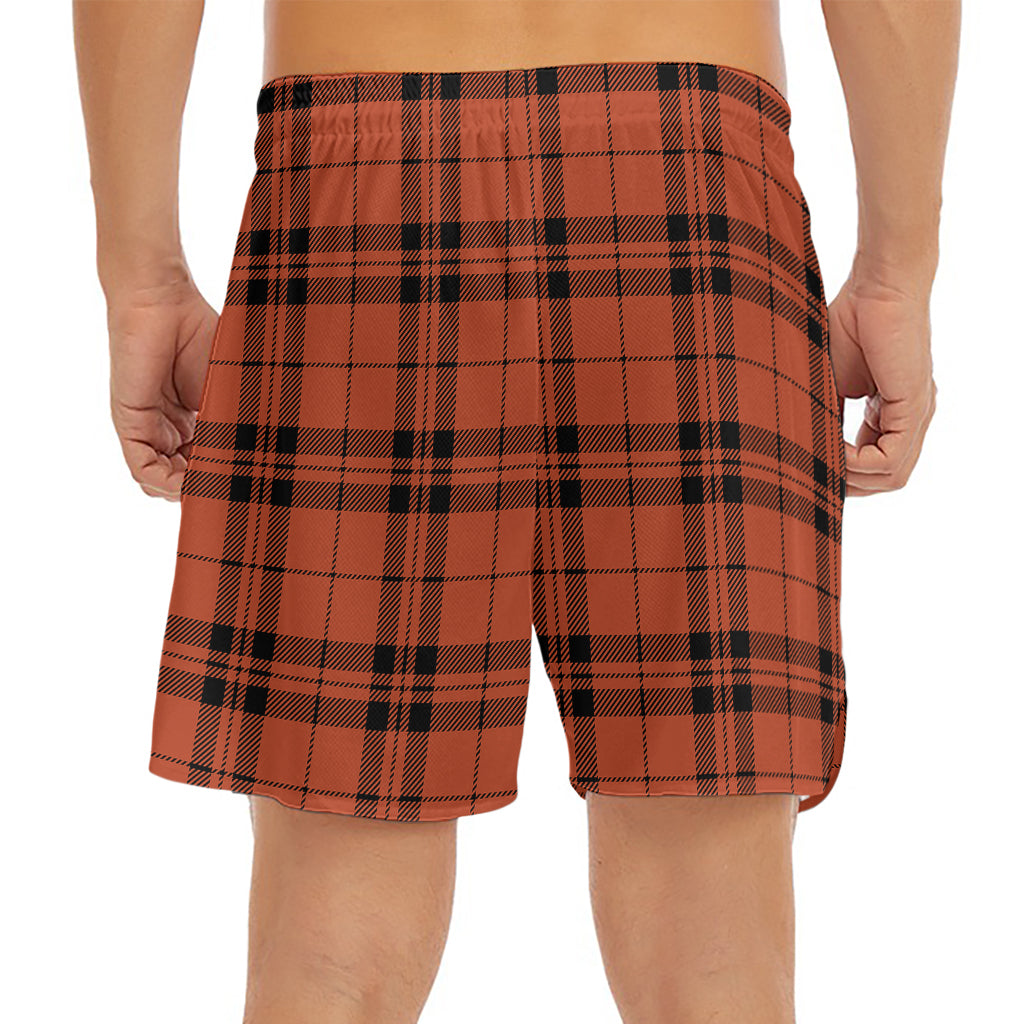 Orange And Black Tartan Pattern Print Men's Split Running Shorts