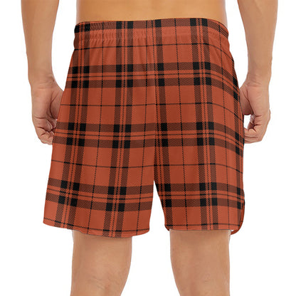 Orange And Black Tartan Pattern Print Men's Split Running Shorts