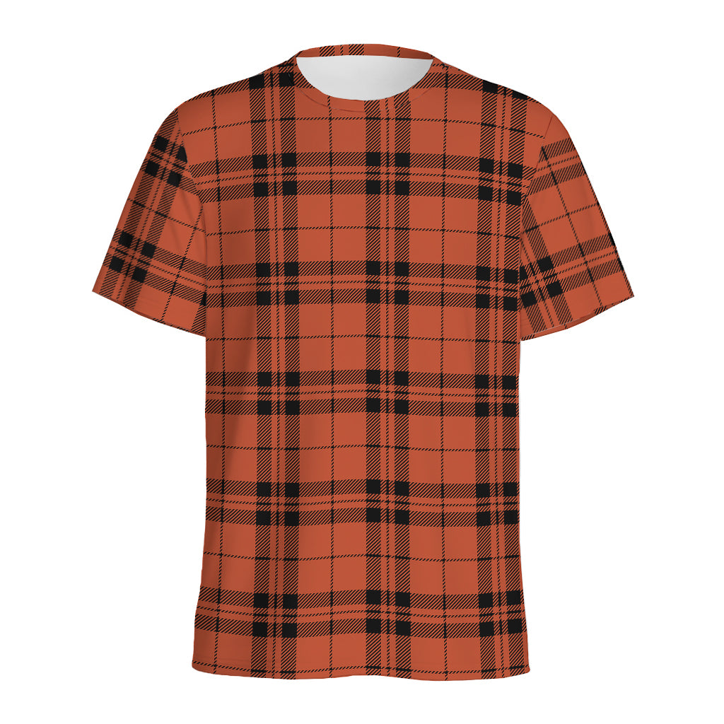 Orange And Black Tartan Pattern Print Men's Sports T-Shirt