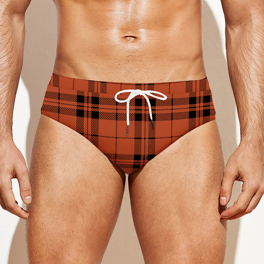 Orange And Black Tartan Pattern Print Men's Swim Briefs