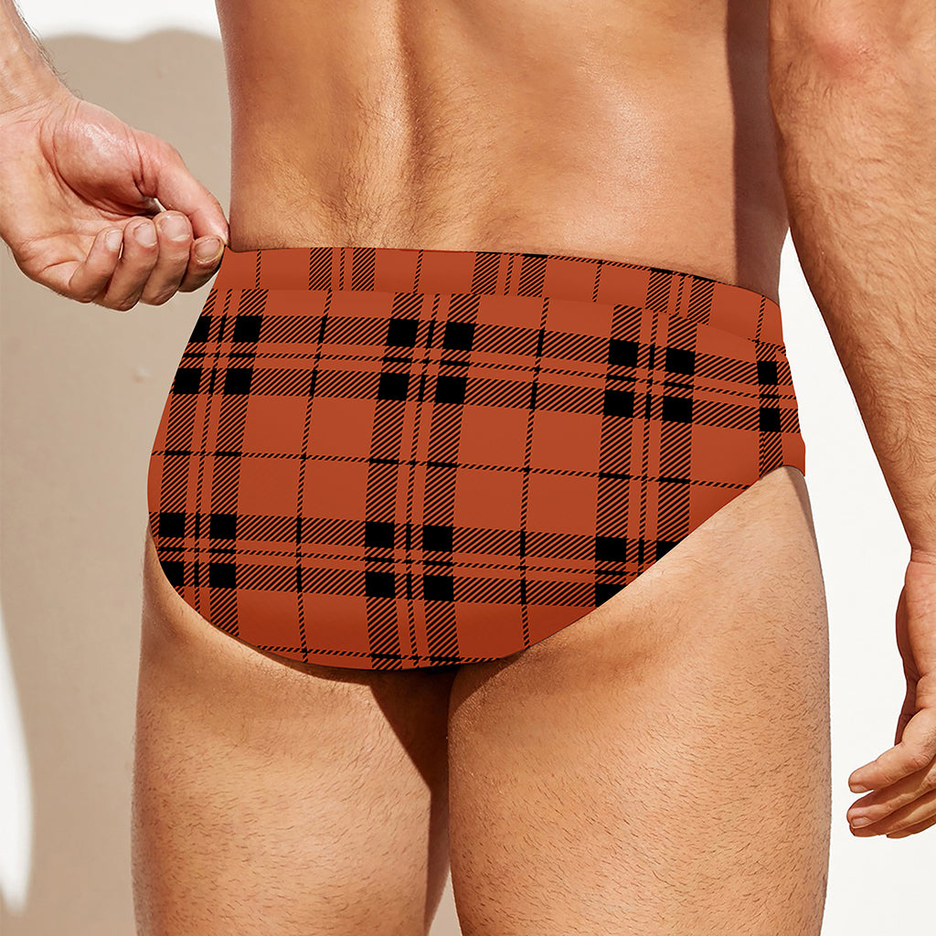 Orange And Black Tartan Pattern Print Men's Swim Briefs