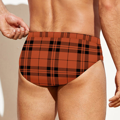 Orange And Black Tartan Pattern Print Men's Swim Briefs