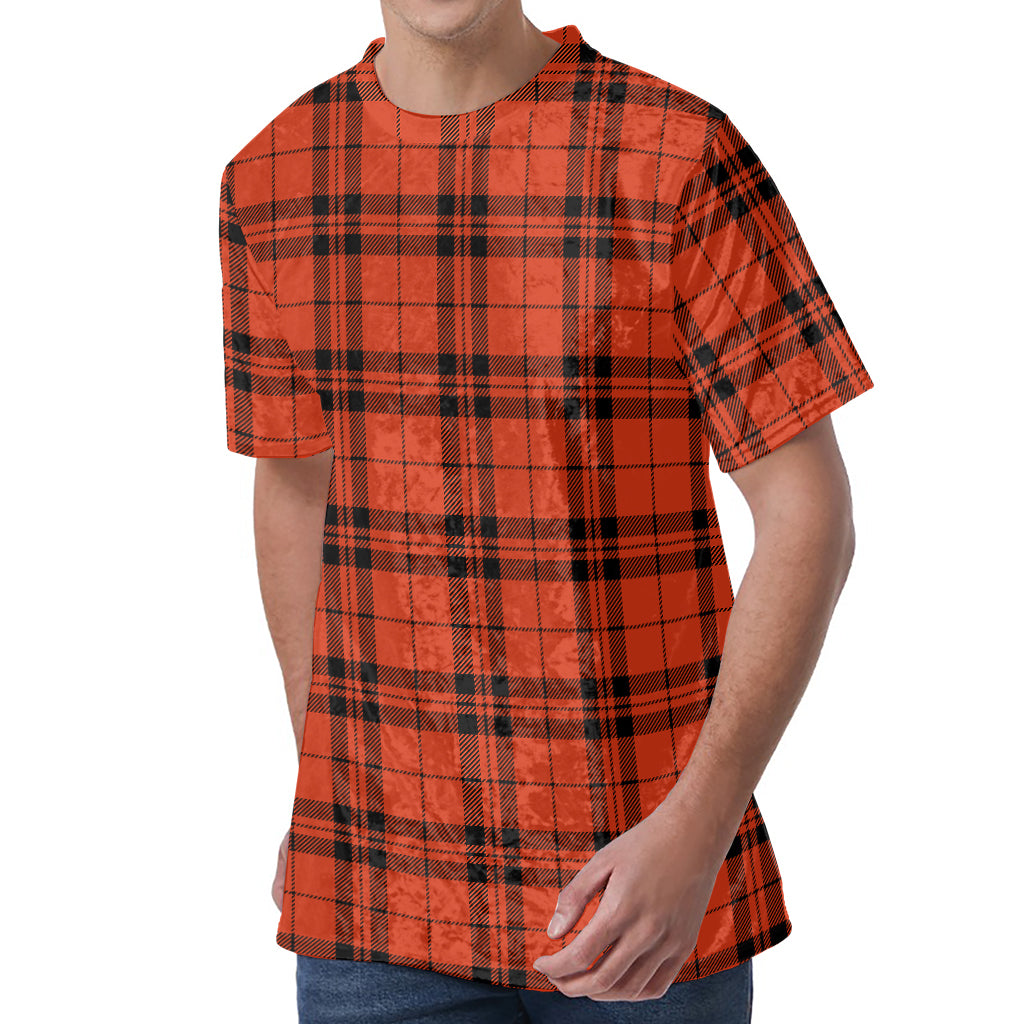 Orange And Black Tartan Pattern Print Men's Velvet T-Shirt