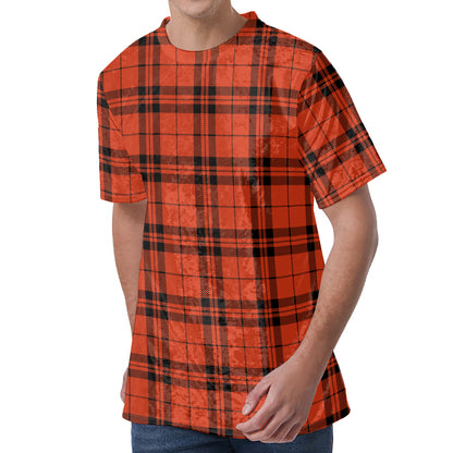 Orange And Black Tartan Pattern Print Men's Velvet T-Shirt