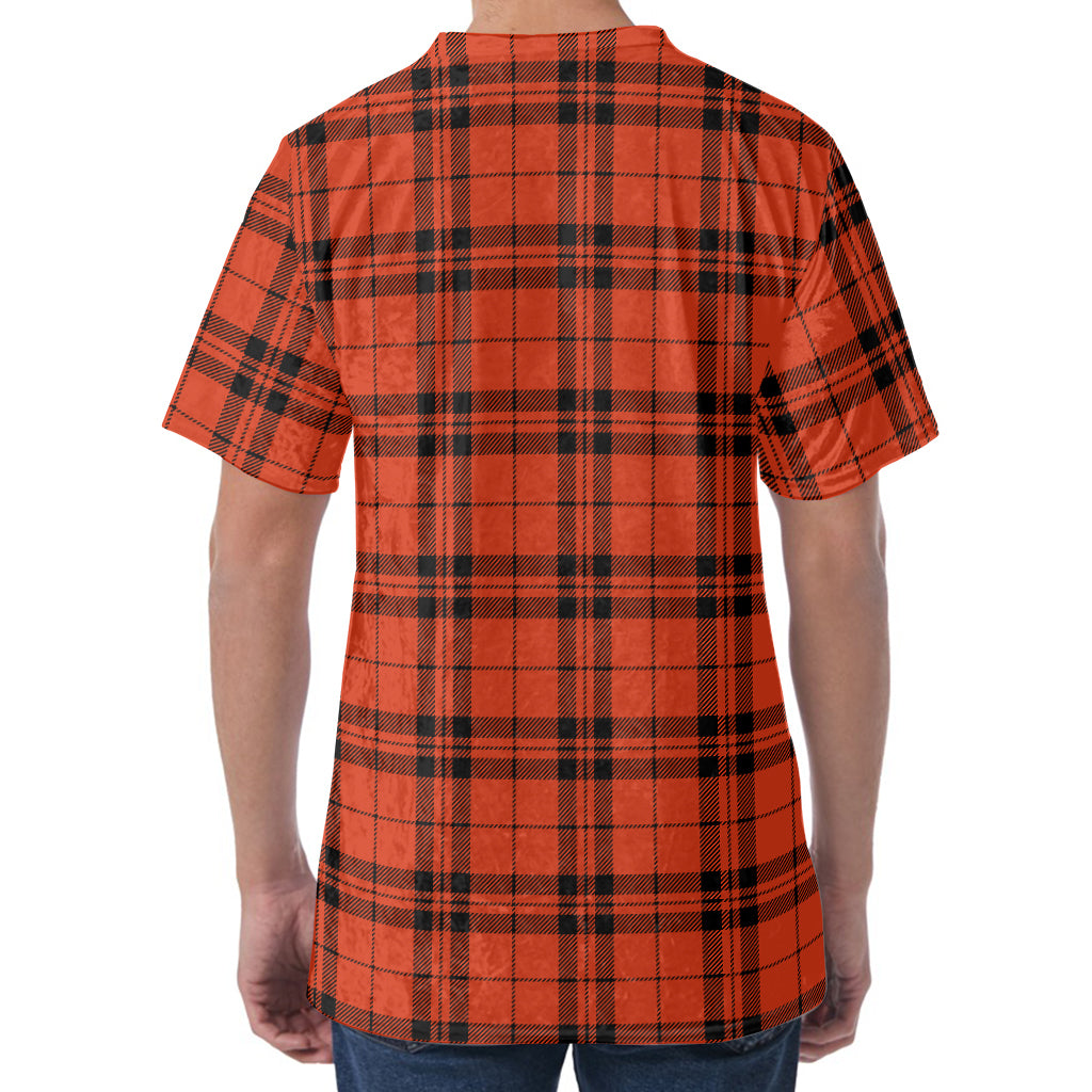 Orange And Black Tartan Pattern Print Men's Velvet T-Shirt