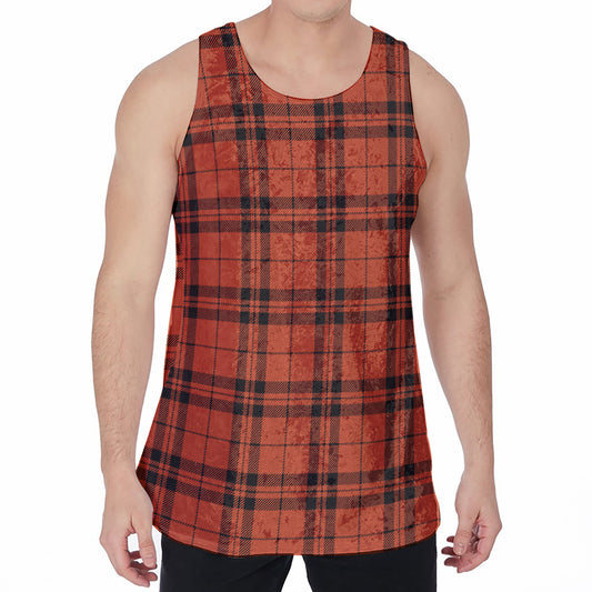 Orange And Black Tartan Pattern Print Men's Velvet Tank Top