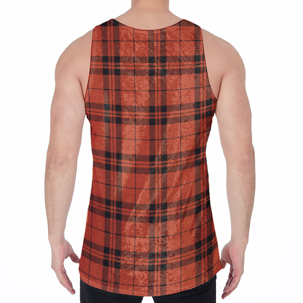 Orange And Black Tartan Pattern Print Men's Velvet Tank Top