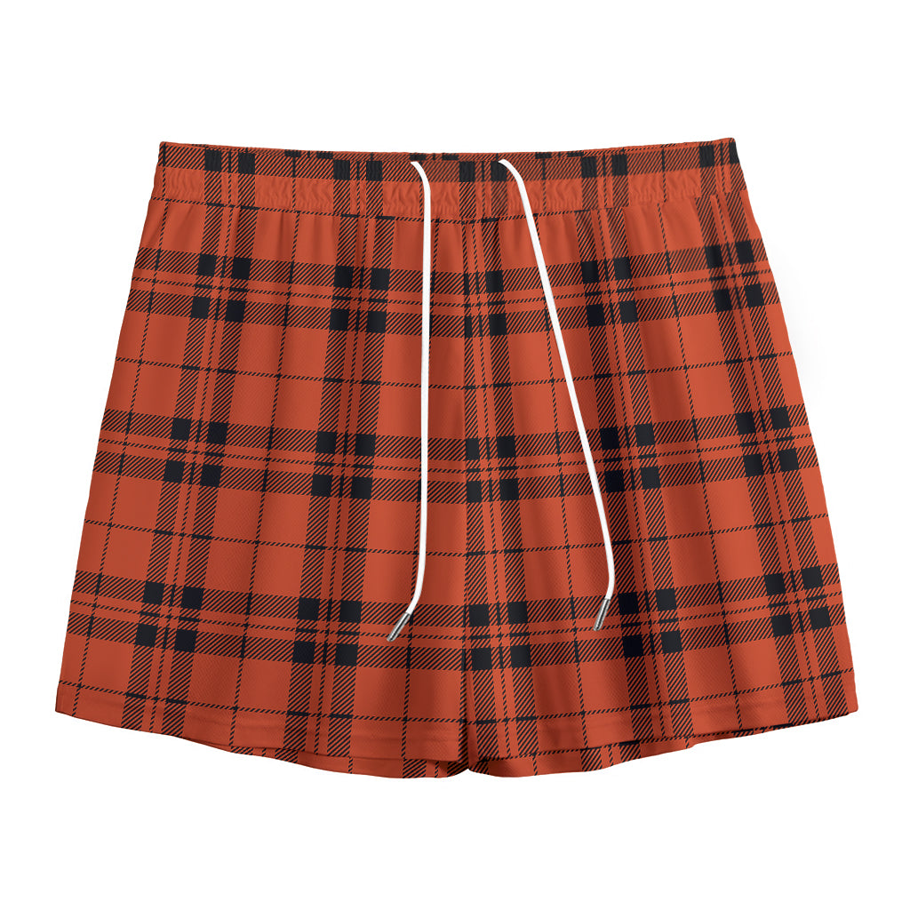 Orange And Black Tartan Pattern Print Mesh Shorts