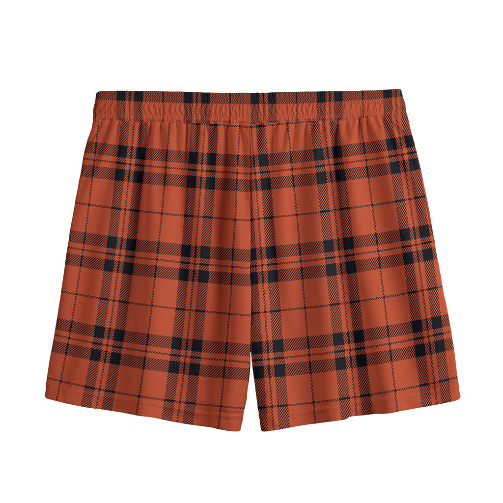 Orange And Black Tartan Pattern Print Mesh Shorts