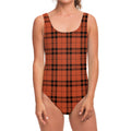 Orange And Black Tartan Pattern Print One Piece Swimsuit